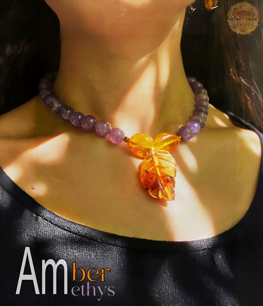 Dominican Amber & Amethyst Jewelry Set – Handmade Necklace, Bracelet And Earrings Jewelry for Women Spiritual Boho Gemstone Set. AAA Amber.