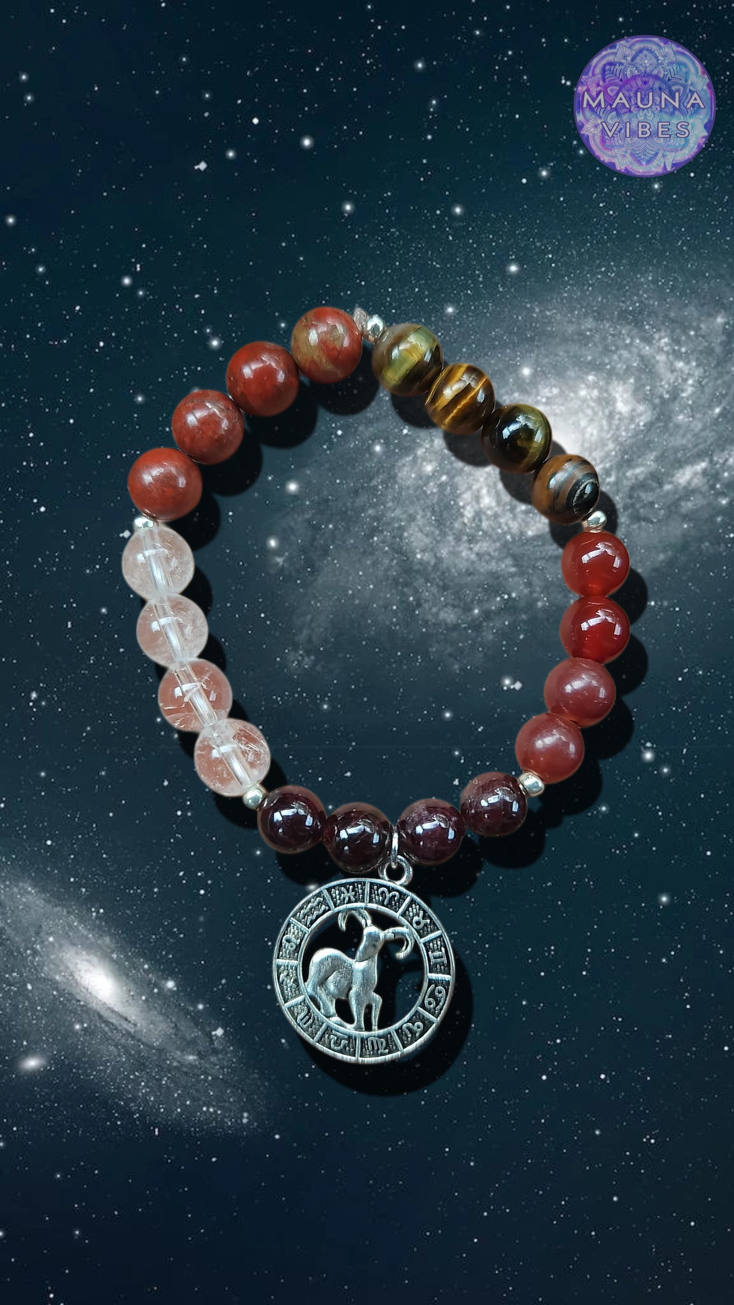 Aries Zodiac Bracelet – Tiger’s Eye, Red Jasper, Garnet, Carnelian & Clear Quartz