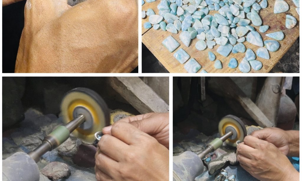 Collage of jewelry-making process with stones and tools, Larimar sourced ethically in the Dominican Republic.