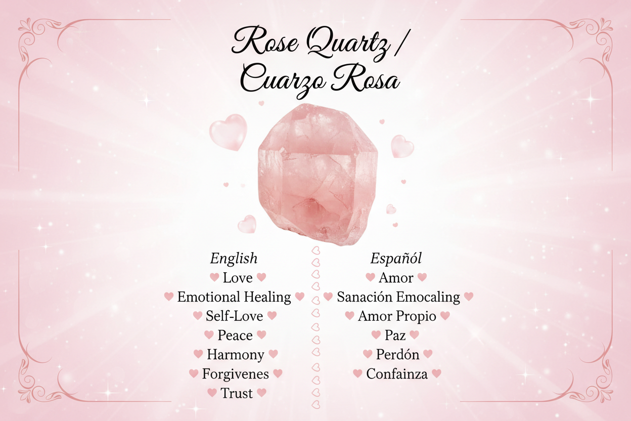 generate an image of the meanins of Rose Quartz Stone in Spanish and English 