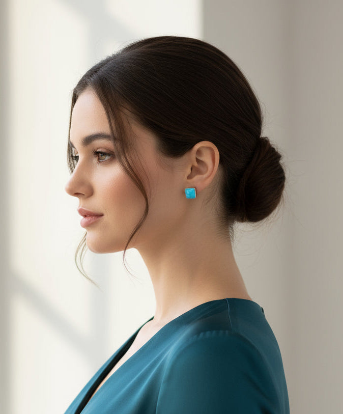 Larimar Square Stud Earrings in 925 Sterling Silver - Gift for Women