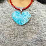 Larimar Heart XL Necklace made with 925 Sterling Silver & Red Leather