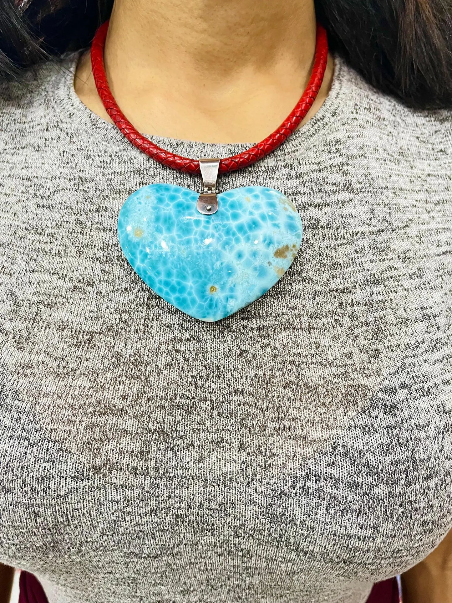 Larimar Heart XL Necklace made with 925 Sterling Silver & Red Leather