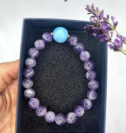 Pulsera de larimar y amatista: joyería de piedras preciosas naturales para mujer