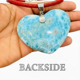 Larimar Heart XL Necklace made with 925 Sterling Silver & Red Leather
