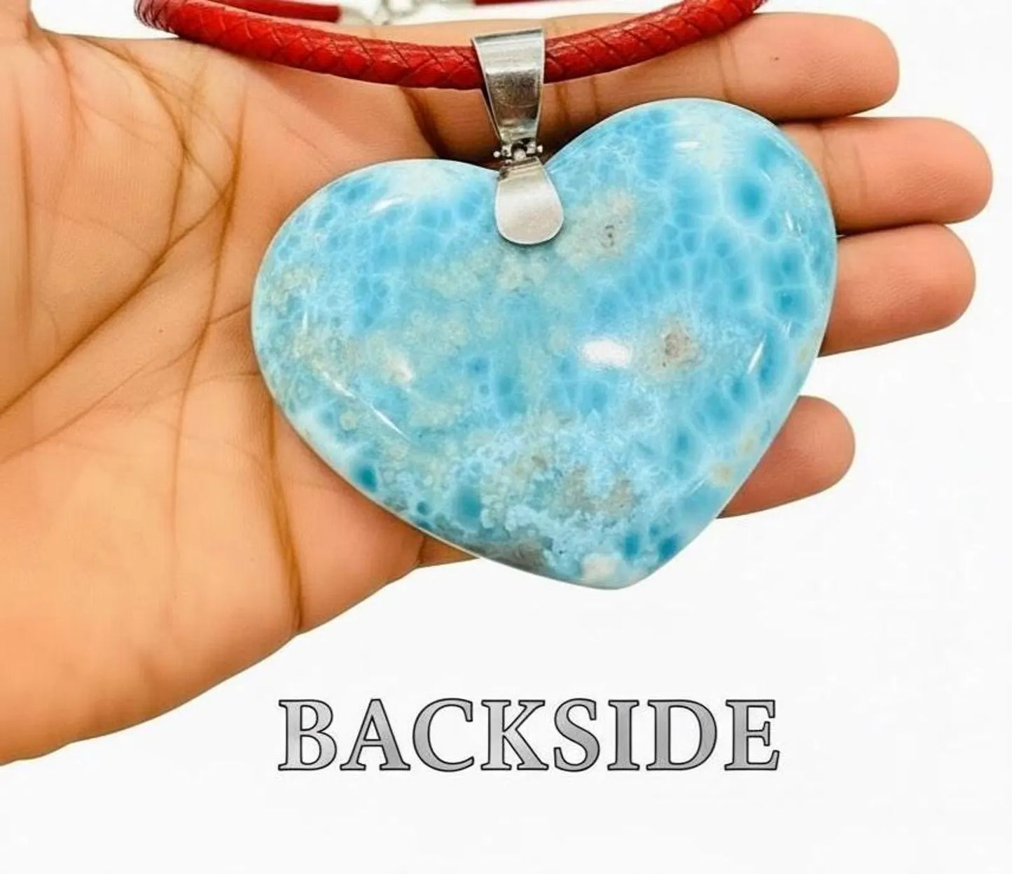 Larimar Heart XL Necklace made with 925 Sterling Silver & Red Leather