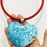 Larimar Heart XL Necklace made with 925 Sterling Silver & Red Leather