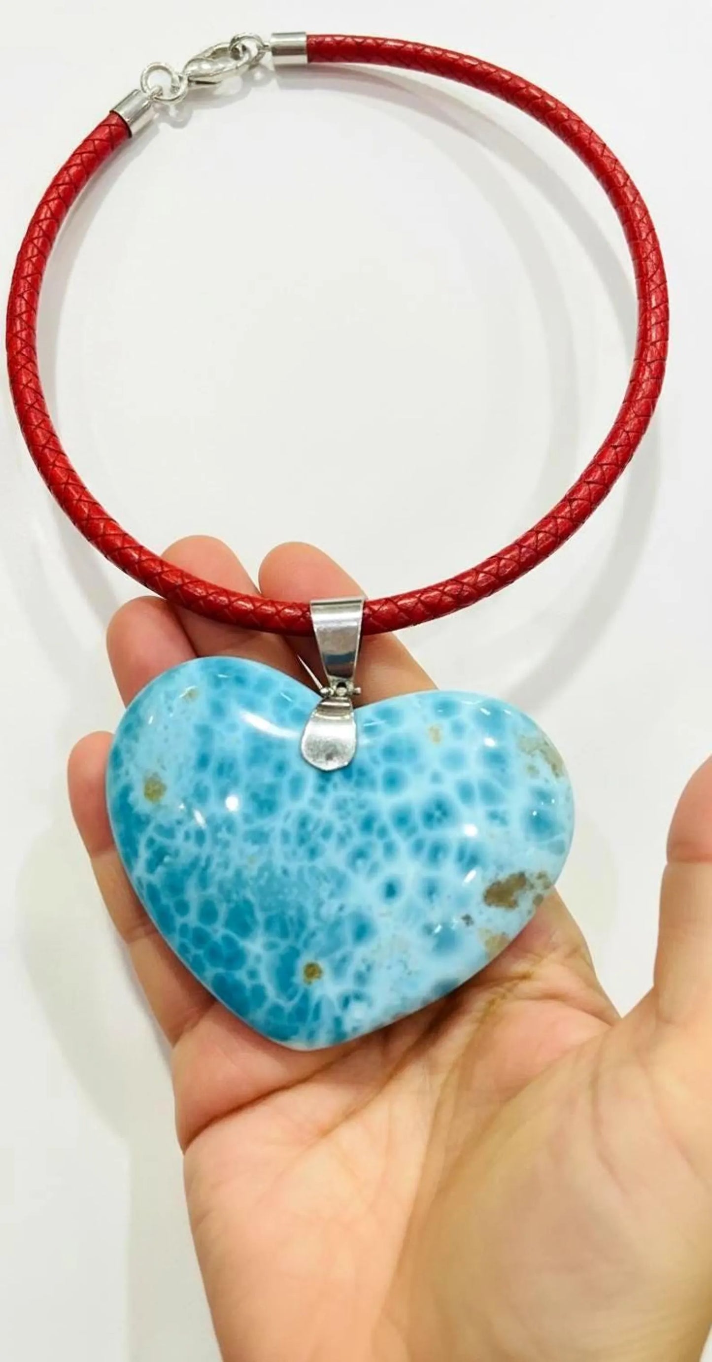 Larimar Heart XL Necklace made with 925 Sterling Silver & Red Leather