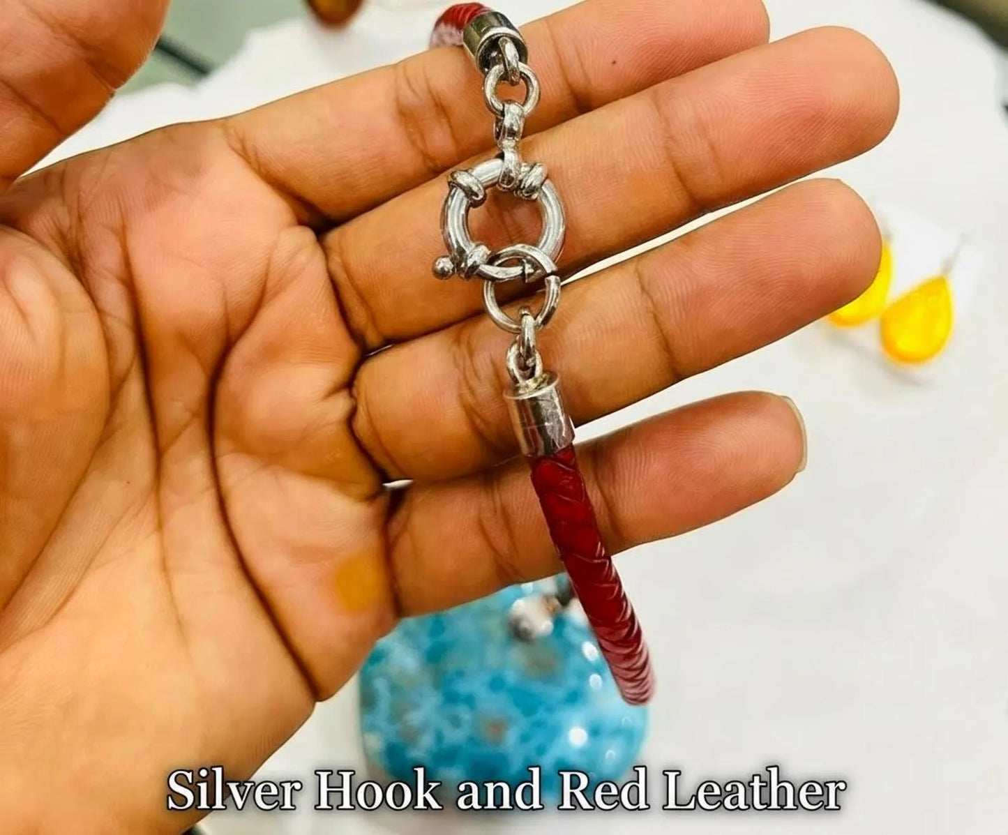 Larimar Heart XL Necklace made with 925 Sterling Silver & Red Leather