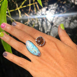 Larimar & Amber Double Stone Ring — Adjustable 925 Sterling Silver Jewelry Gift