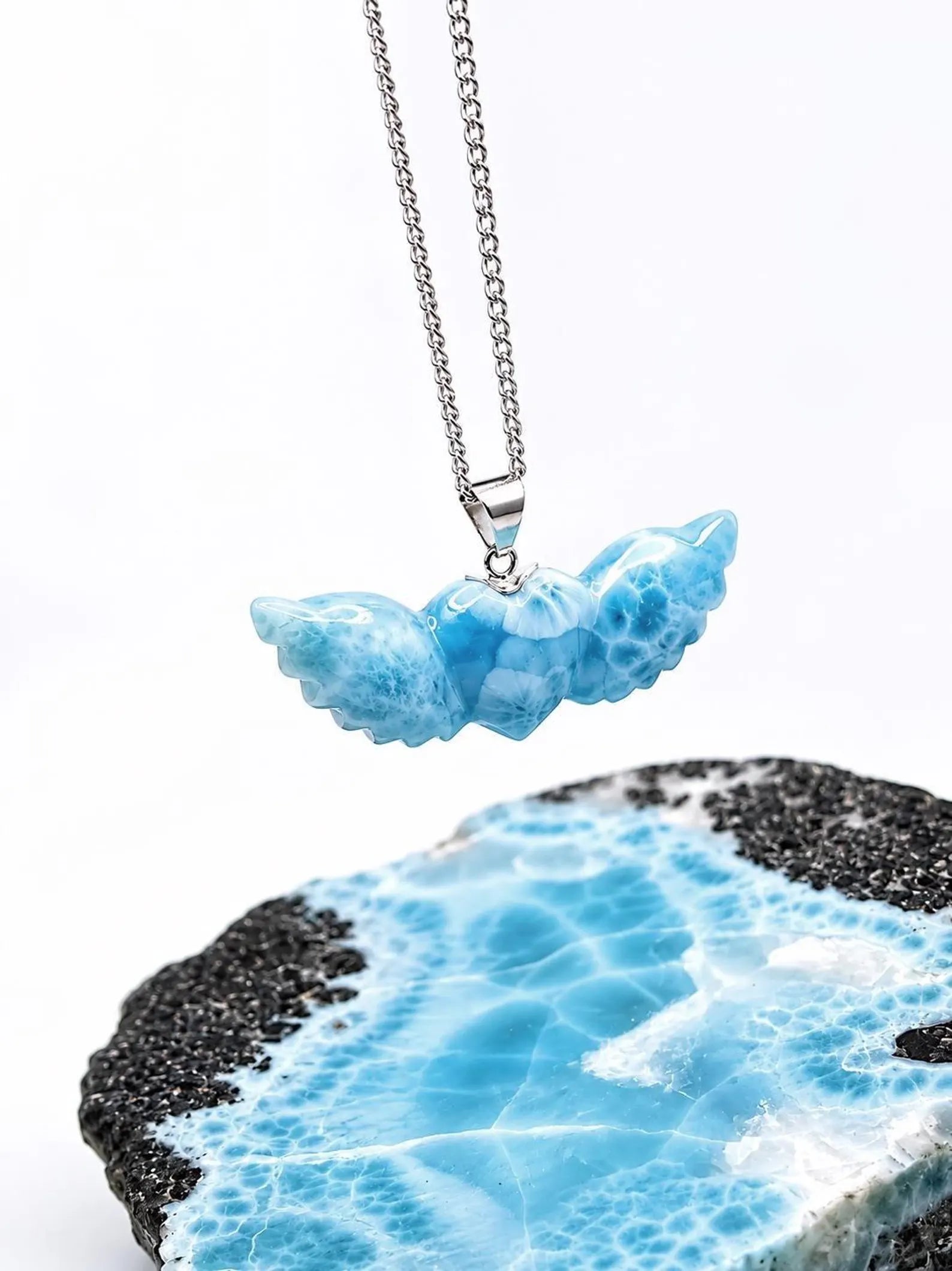 AAA grade Dominican Larimar heart pendant in 925 sterling silver, additional view, for everyday wear, Mauna Vibes