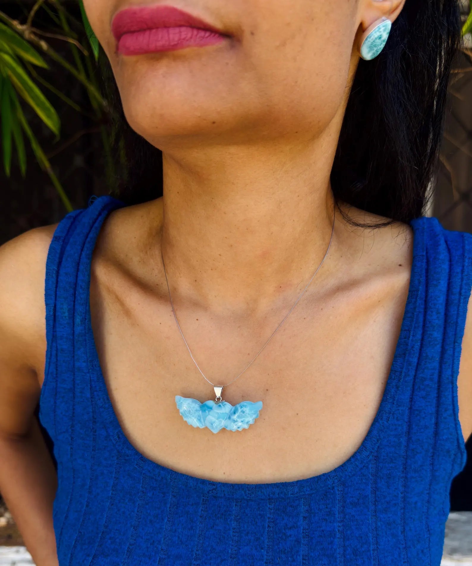 AAA grade Dominican Larimar heart pendant in 925 sterling silver, angled view, for everyday wear, Mauna Vibes
