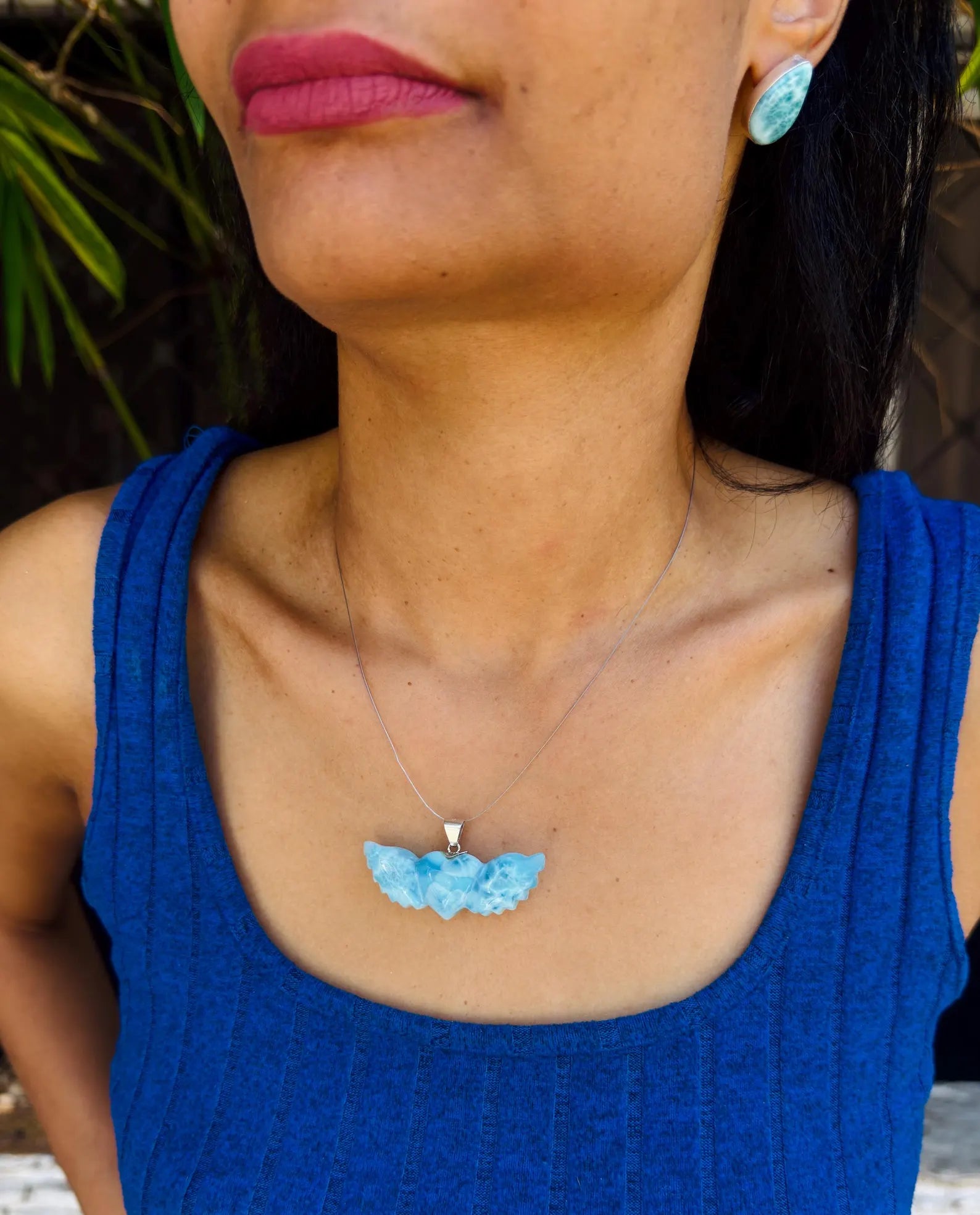 AAA grade Dominican Larimar heart pendant in 925 sterling silver, angled view, for everyday wear, Mauna Vibes