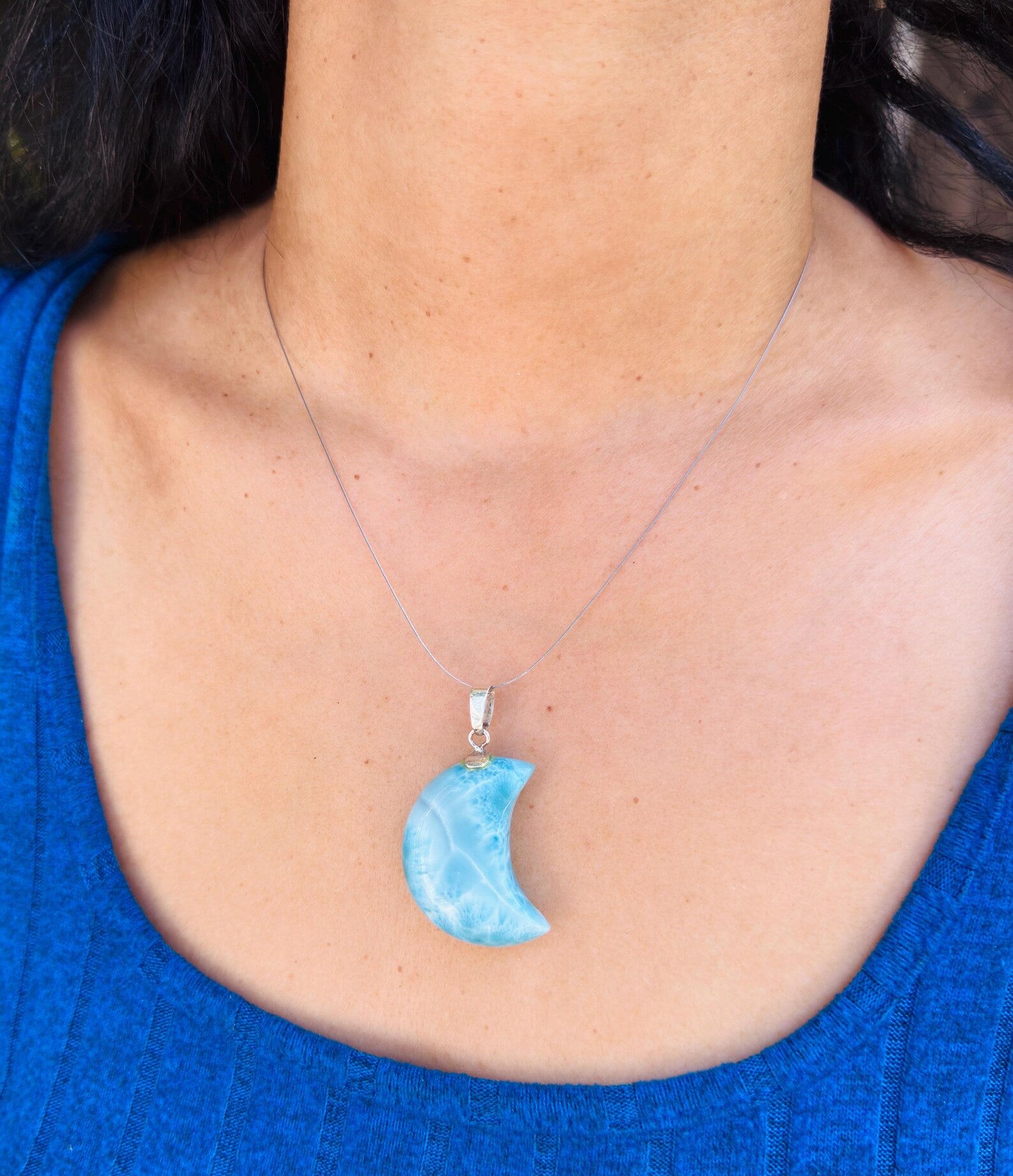 AAA grade Dominican Larimar pendant in 925 sterling silver, additional view, for everyday wear, Mauna Vibes