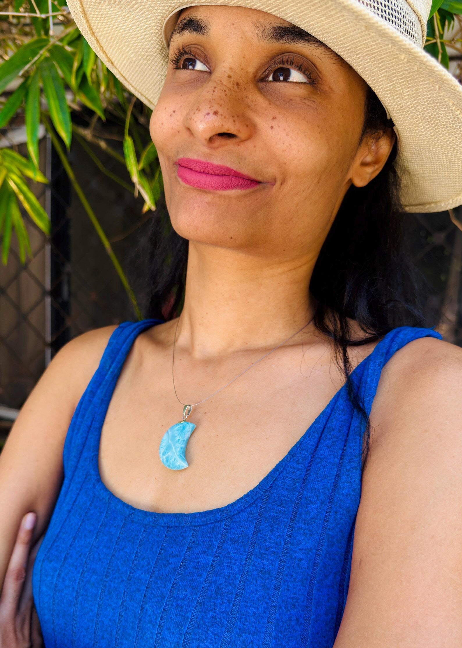AAA grade Dominican Larimar pendant in 925 sterling silver, angled view, for everyday wear, Mauna Vibes