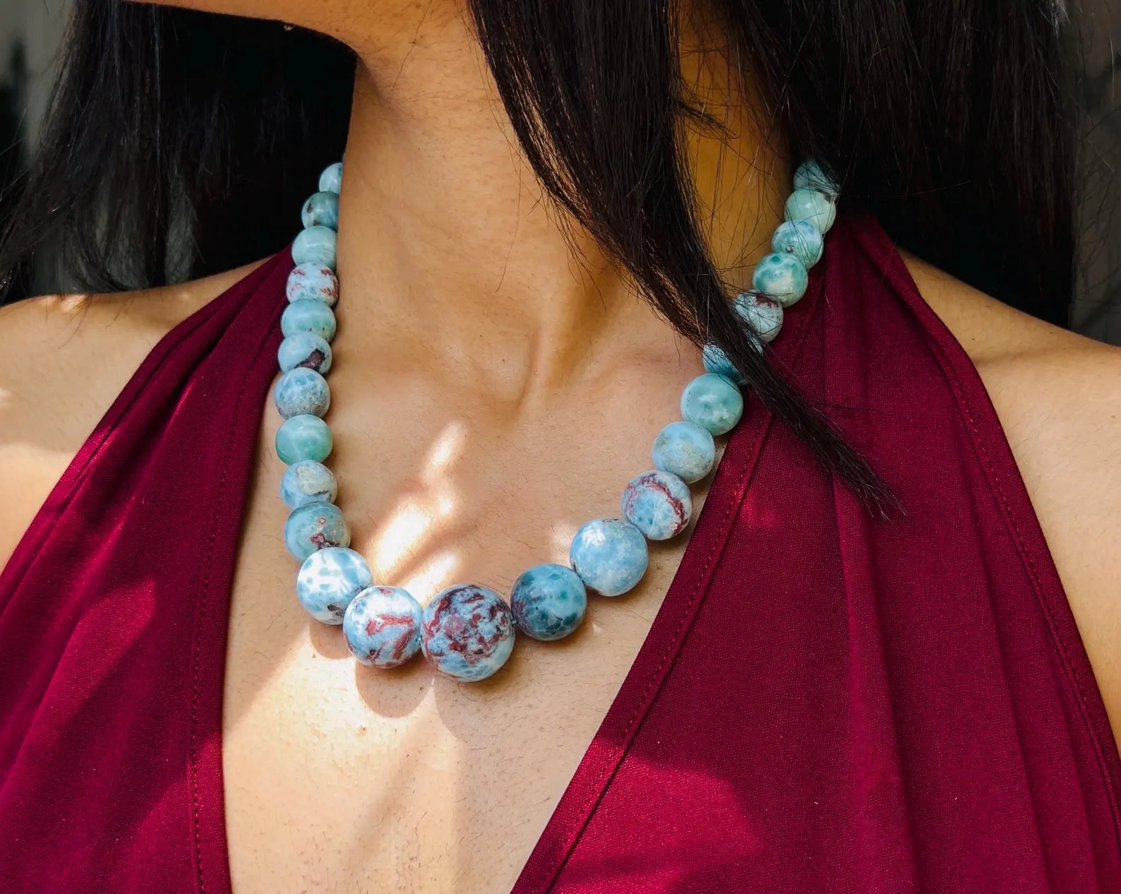 Collector grade Dominican Larimar necklace in 925 sterling silver, angled view, as a gift for her, Mauna Vibes