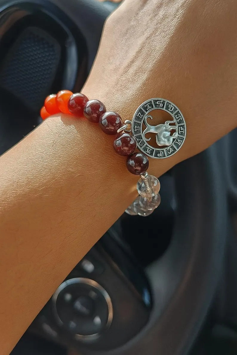 Aries Zodiac Bracelet – Tiger’s Eye, Red Jasper, Garnet, Carnelian & Clear Quartz