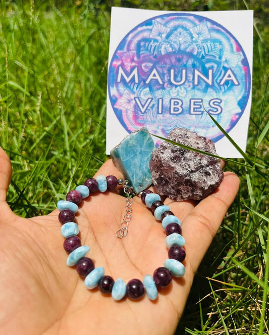 Larimar Bracelet with Garnet – 8mm Beads & Natural Chips
