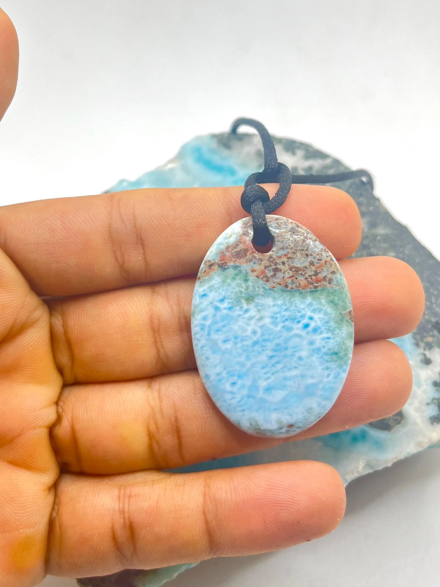 Larimar Necklace – Handmade Blue  Dominican Larimar Slab Pendant for Men and Women