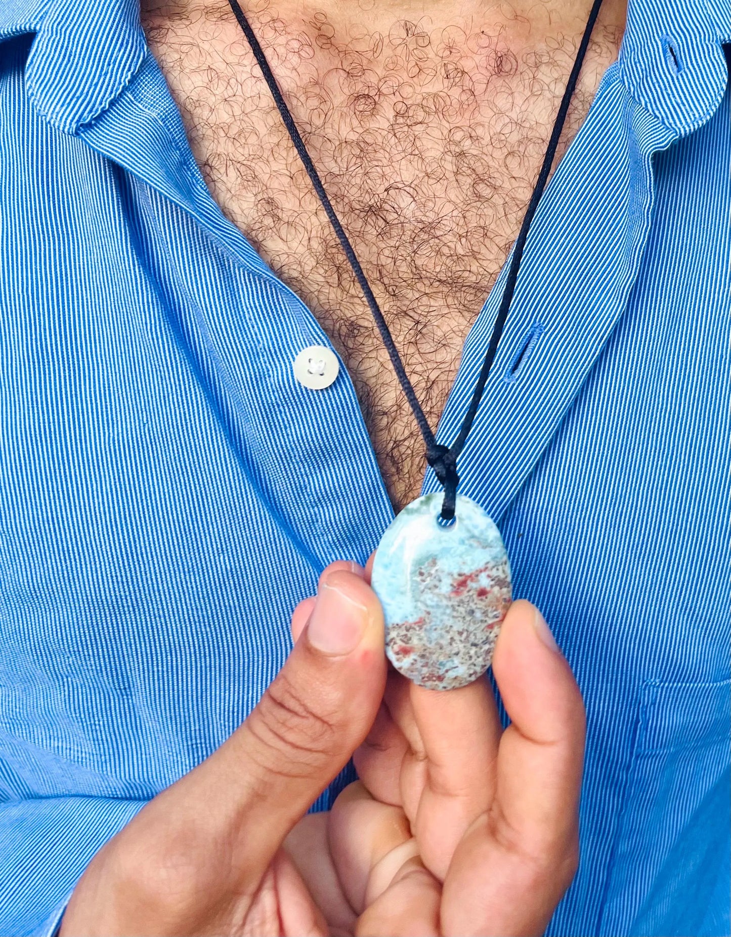 Larimar Necklace – Handmade Blue  Dominican Larimar Slab Pendant for Men and Women