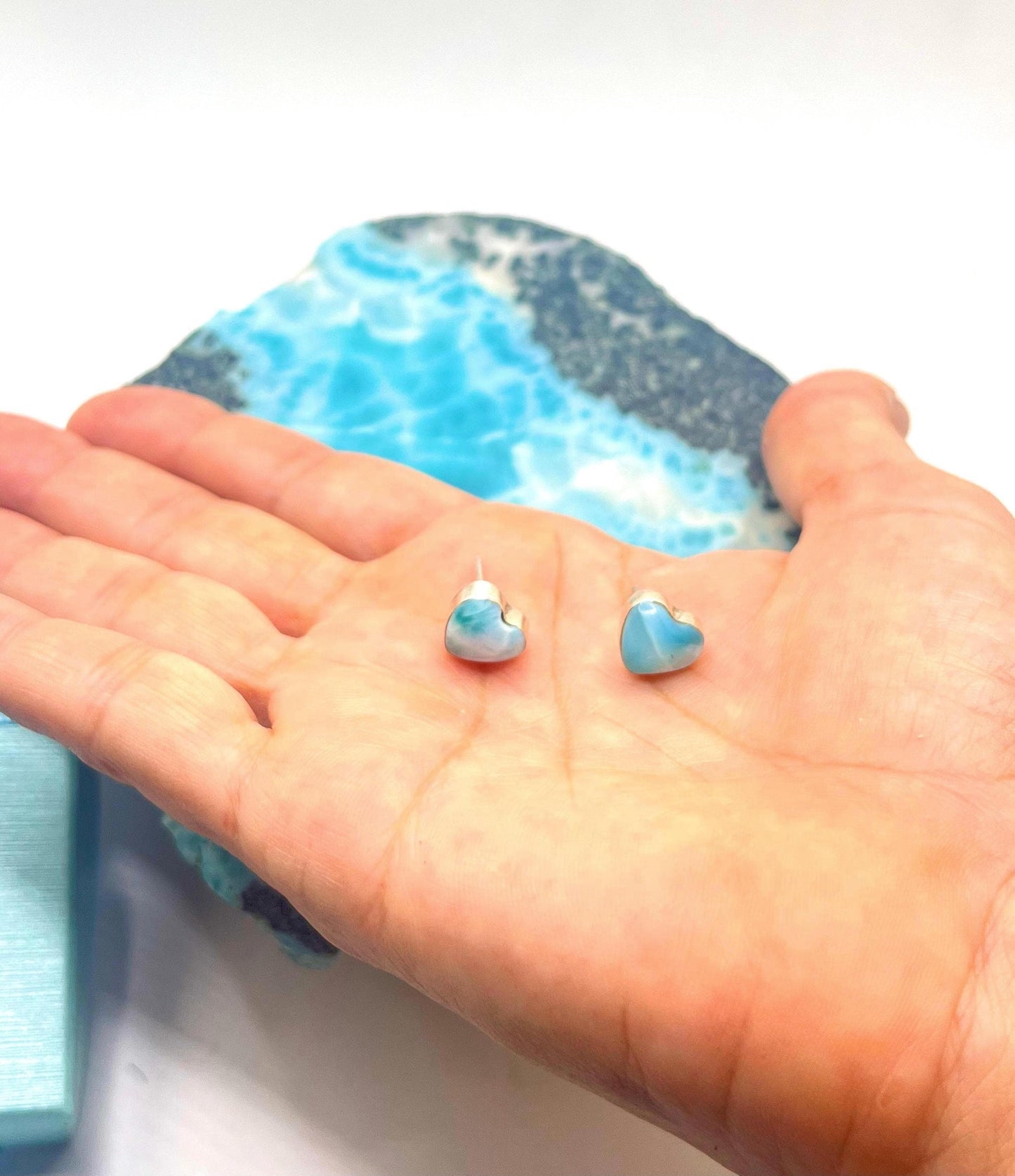 Larimar Heart Stud Earrings in 925 Sterling Silver - Gift for Women