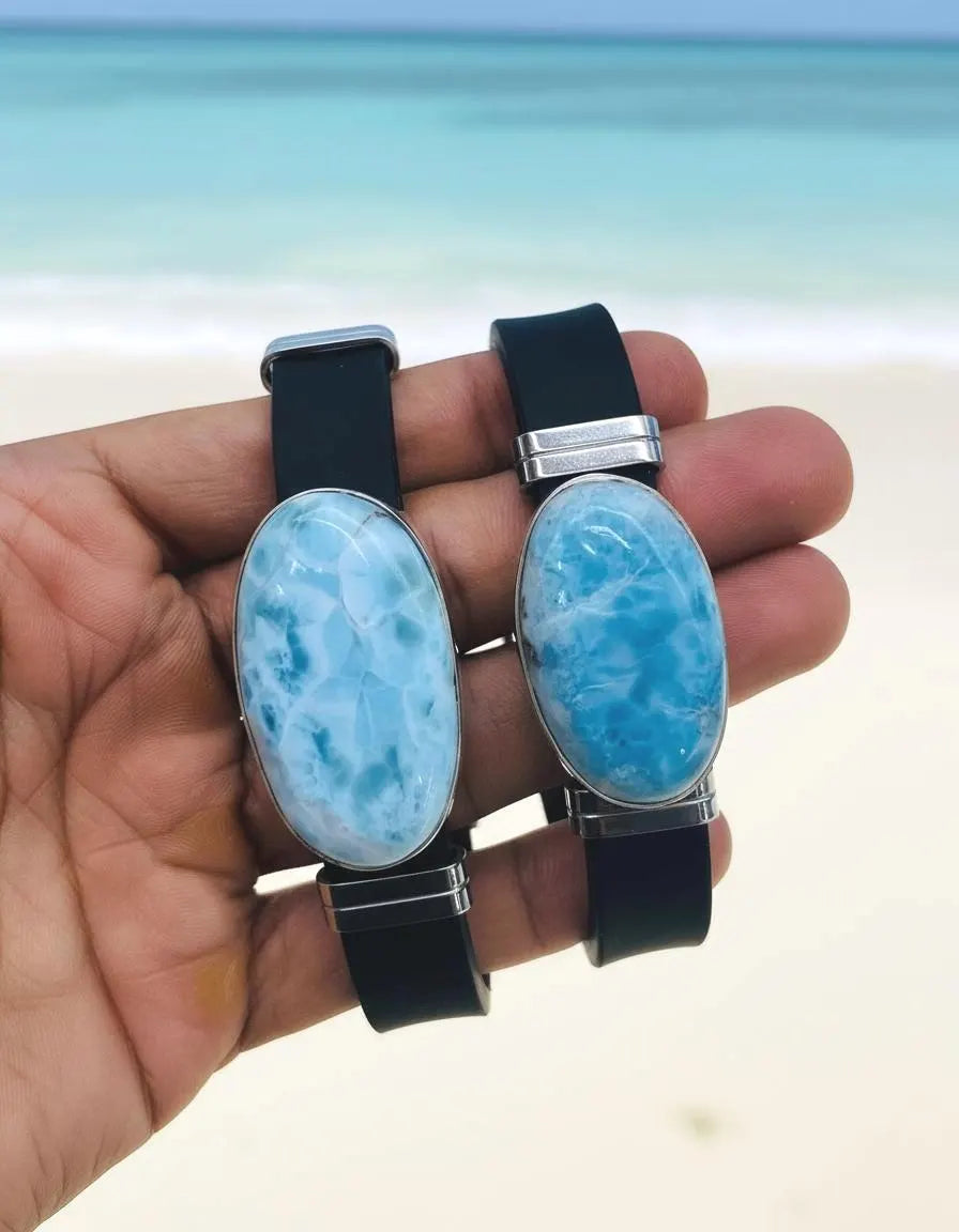 Pulsera de Larimar – Piedra azul natural con correa de acero inoxidable y caucho para hombres y mujeres