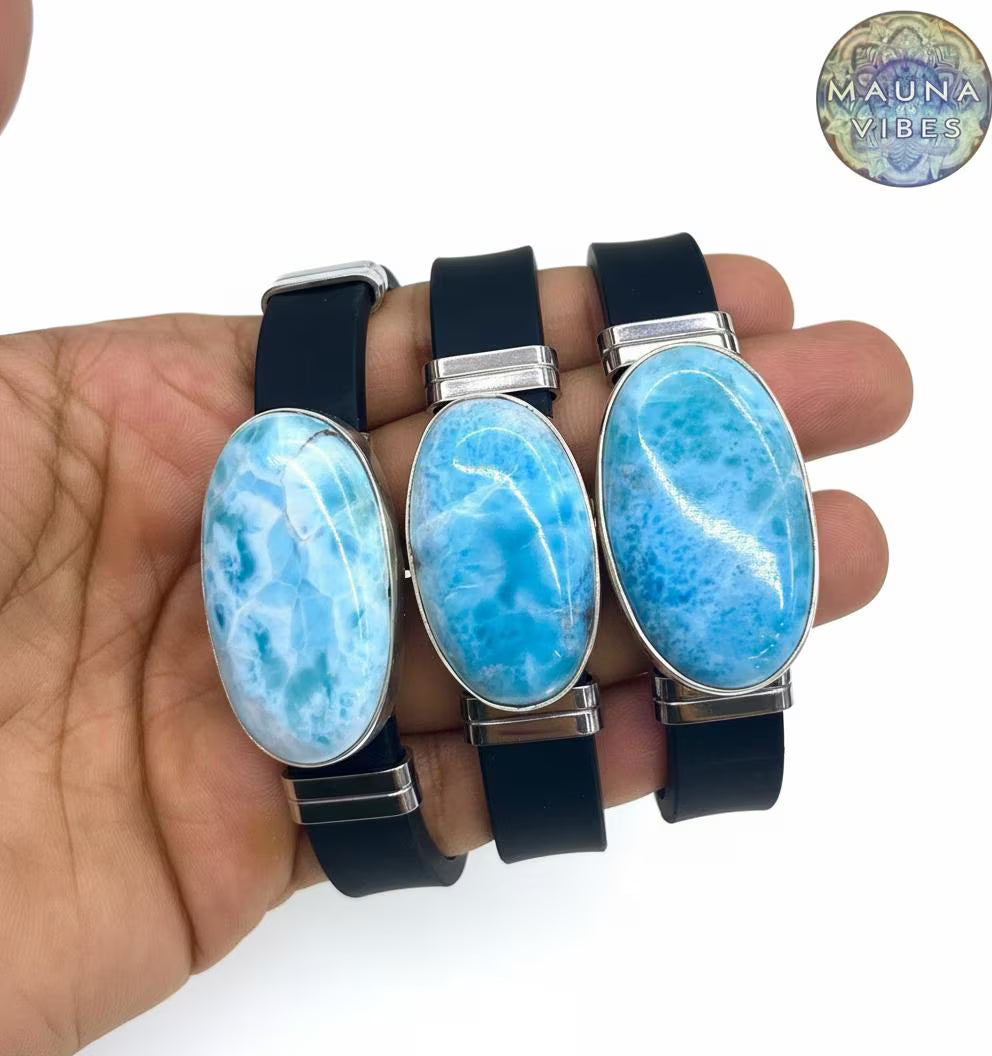 Pulsera de Larimar – Piedra azul natural con correa de acero inoxidable y caucho para hombres y mujeres