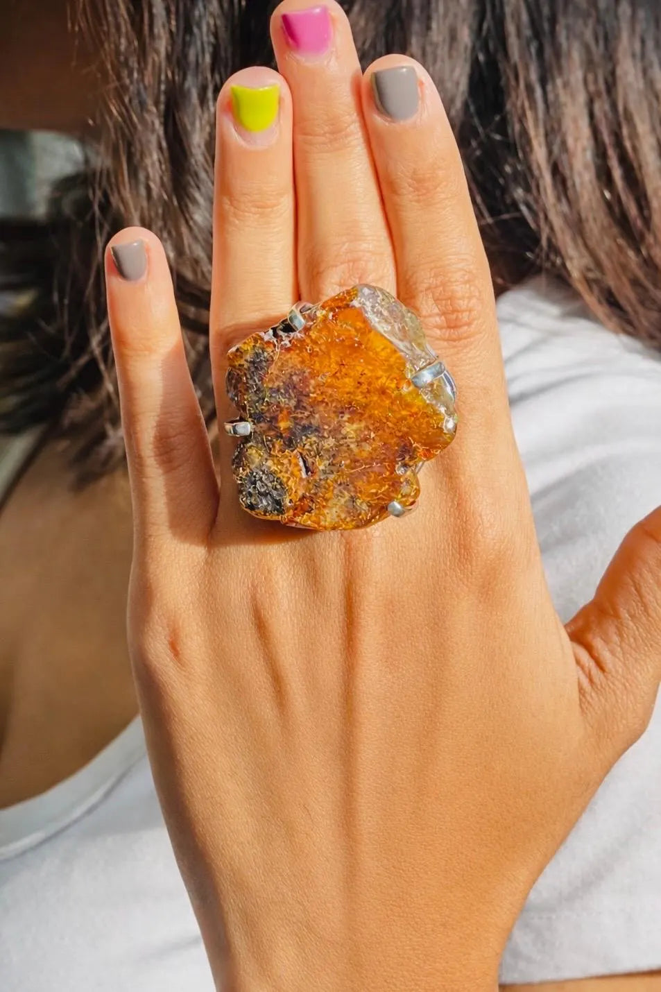 Raw Dominican Amber Statement Ring, Adjustable 925 Sterling Silver, Boho Gemstone Jewelry