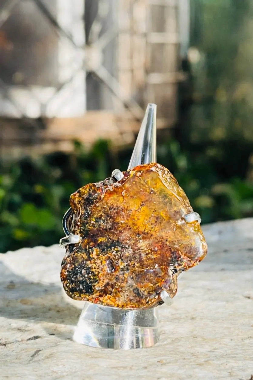 Raw Dominican Amber Statement Ring, Adjustable 925 Sterling Silver, Boho Gemstone Jewelry