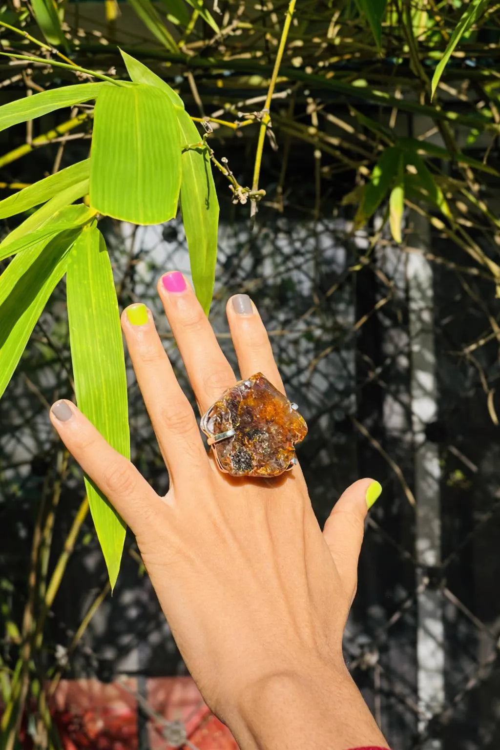 Raw Dominican Amber Statement Ring, Adjustable 925 Sterling Silver, Boho Gemstone Jewelry