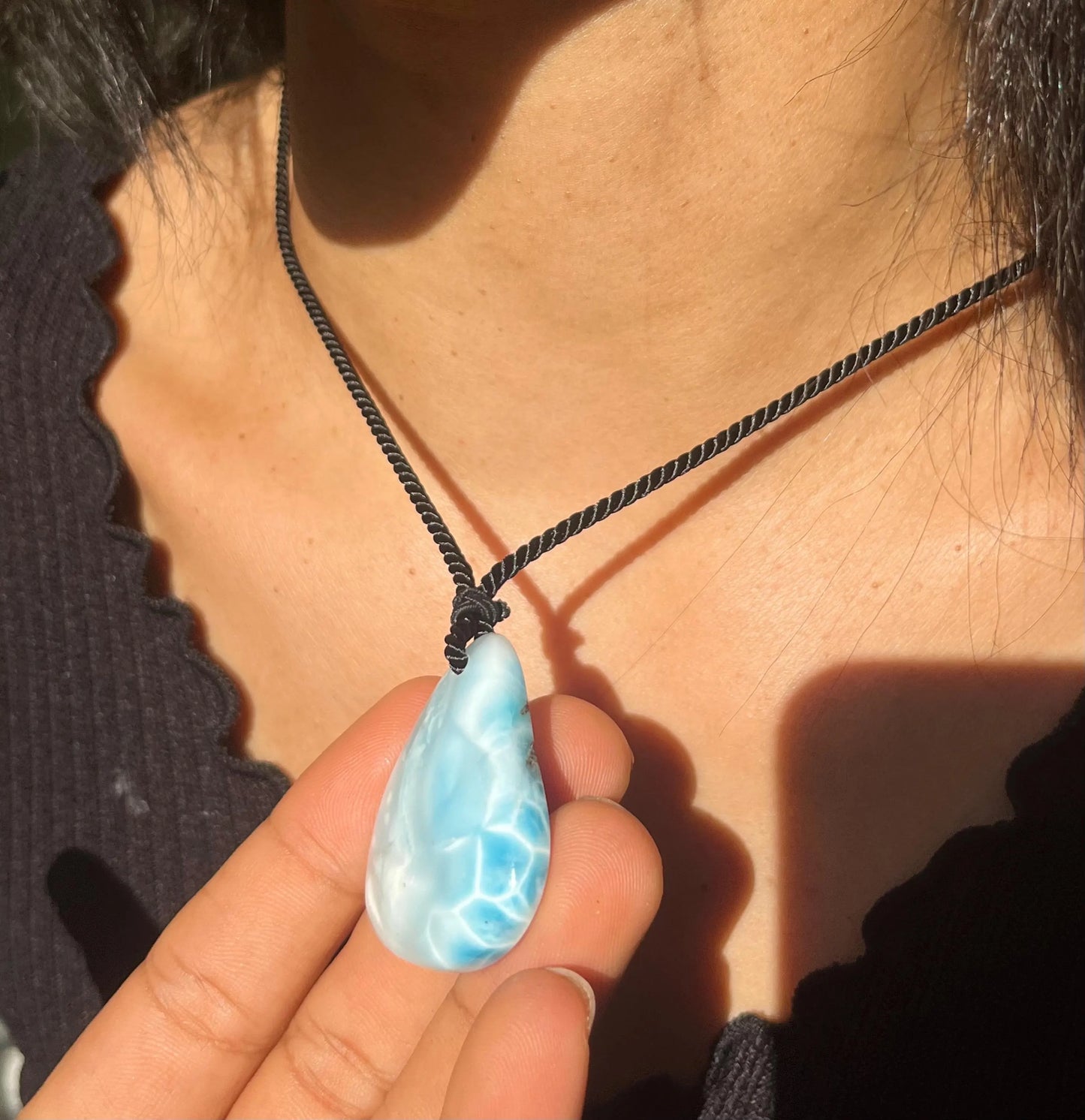 Larimar Stone Necklace – Dominican Blue Gemstone, Adjustable Rope for Men & Women