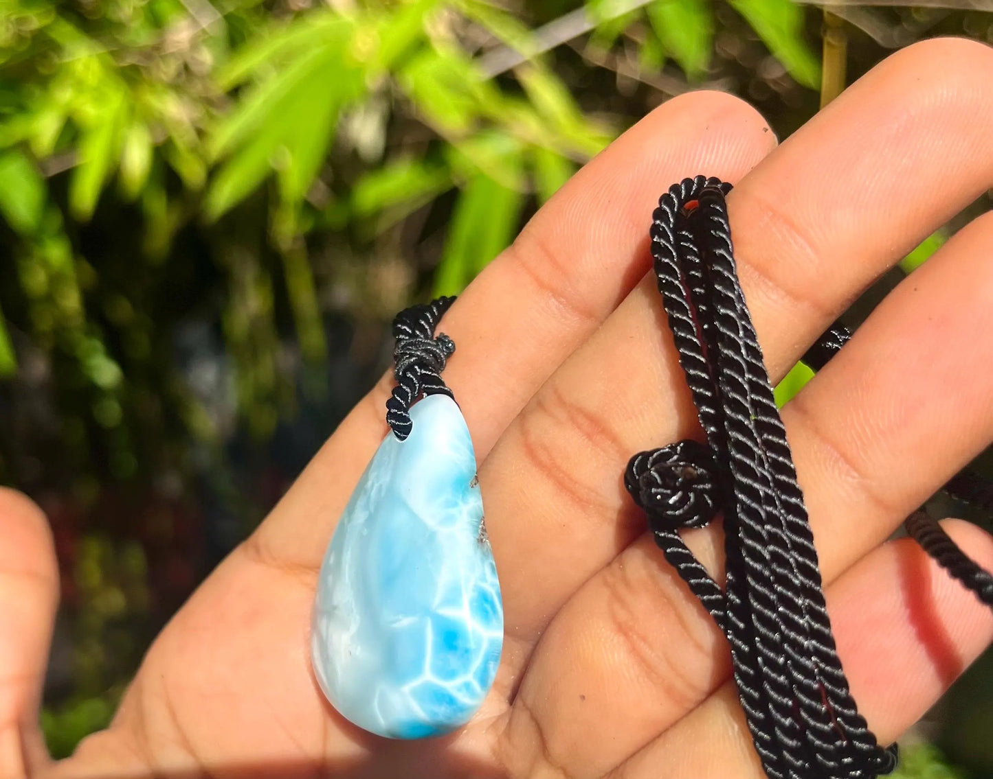 Larimar Stone Necklace – Dominican Blue Gemstone, Adjustable Rope for Men & Women