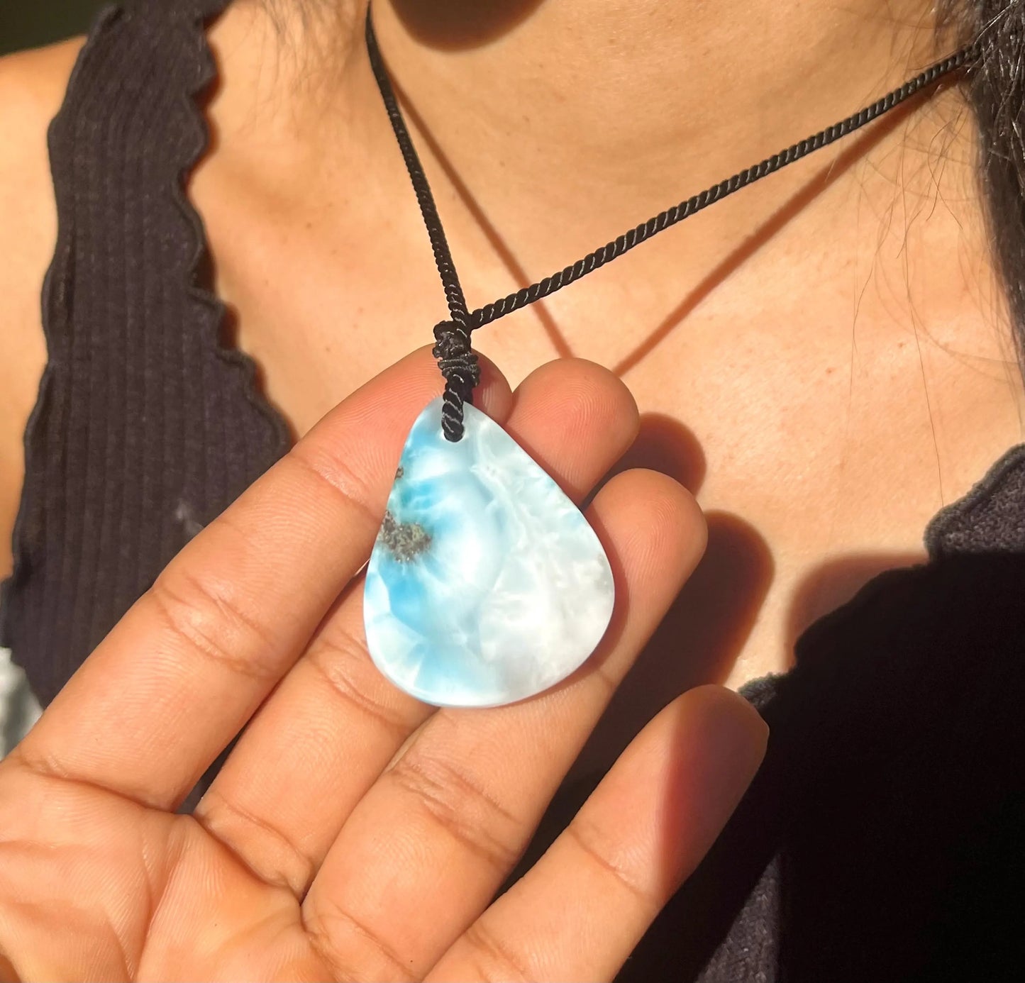 Larimar Stone Necklace – Dominican Blue Gemstone, Adjustable Rope for Men & Women