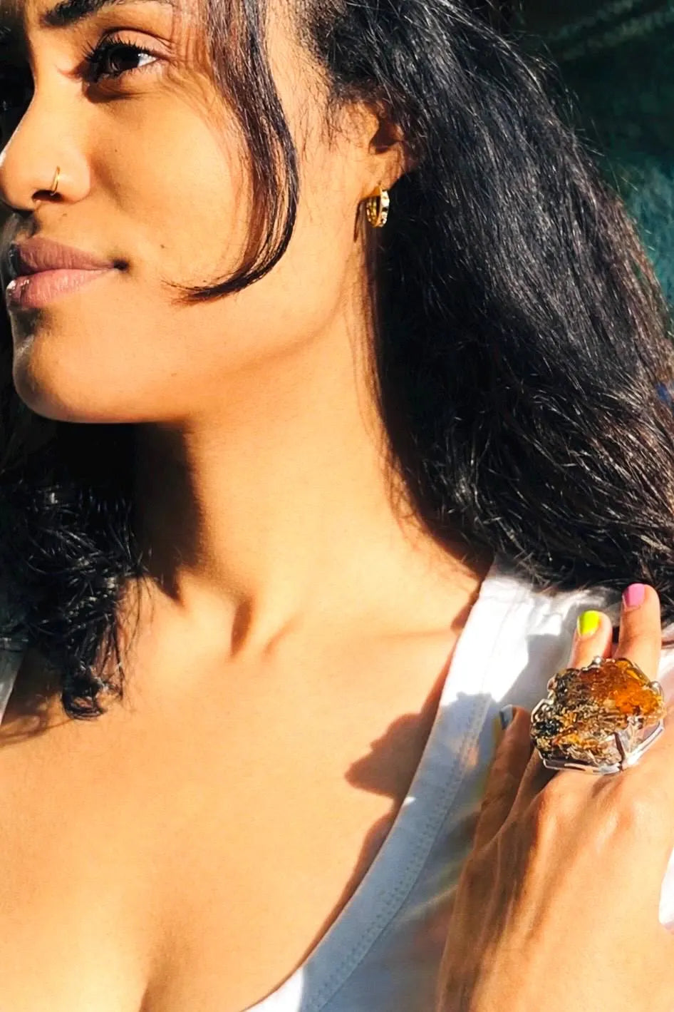 Raw Dominican Amber Statement Ring, Adjustable 925 Sterling Silver, Boho Gemstone Jewelry