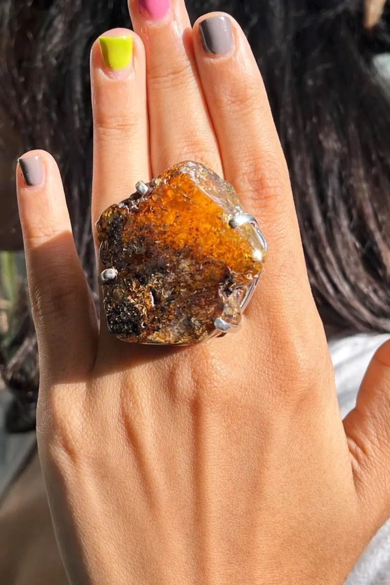 Raw Dominican Amber Statement Ring, Adjustable 925 Sterling Silver, Boho Gemstone Jewelry