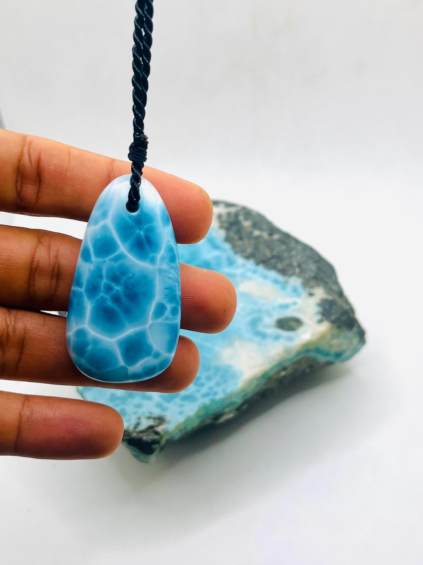 AAA+ Larimar Necklace, Intense Blue Dominican Gemstone Pendant, Webbing Pattern, Unisex Cord