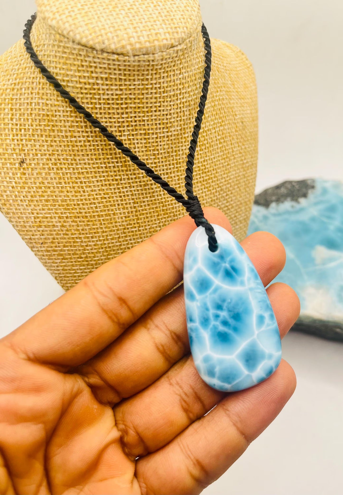 AAA+ Larimar Necklace, Intense Blue Dominican Gemstone Pendant, Webbing Pattern, Unisex Cord