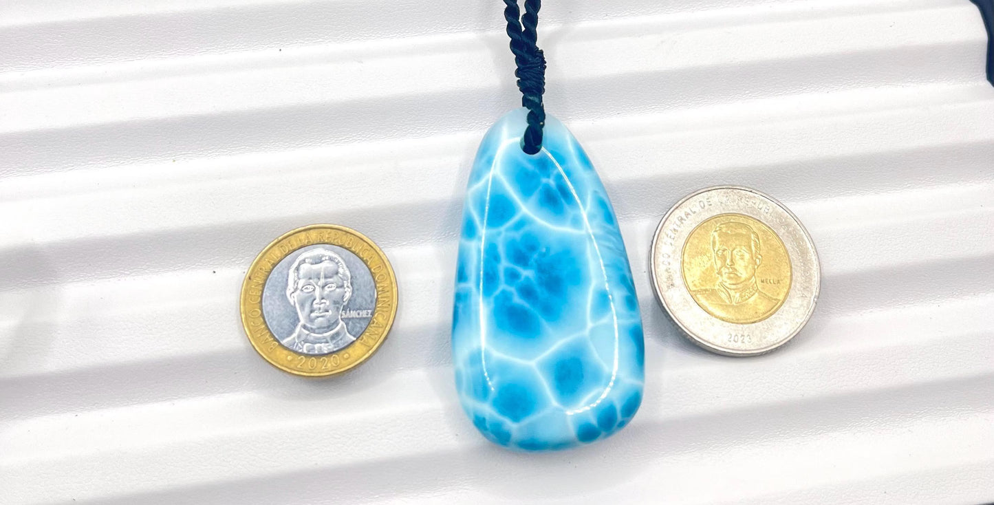 AAA+ Larimar Necklace, Intense Blue Dominican Gemstone Pendant, Webbing Pattern, Unisex Cord