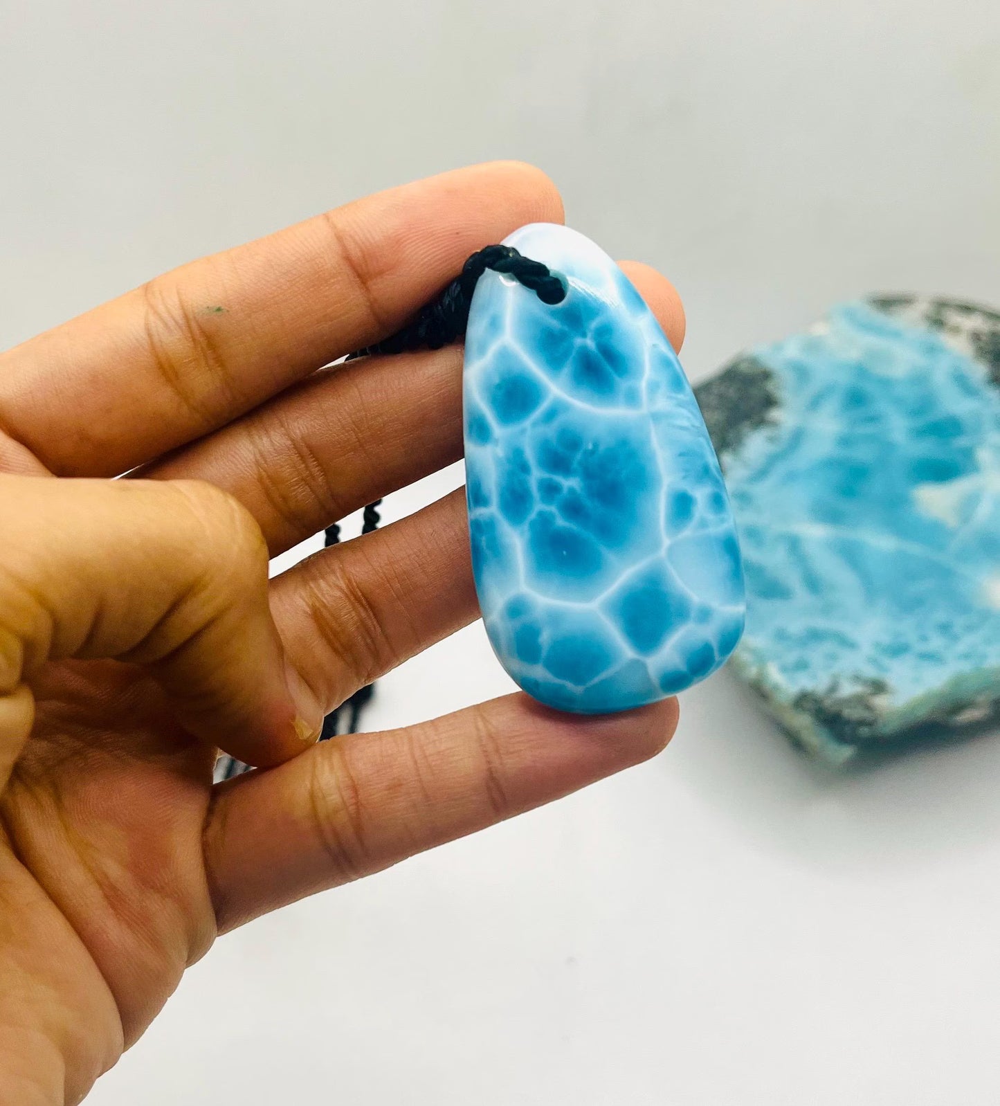 AAA+ Larimar Necklace, Intense Blue Dominican Gemstone Pendant, Webbing Pattern, Unisex Cord