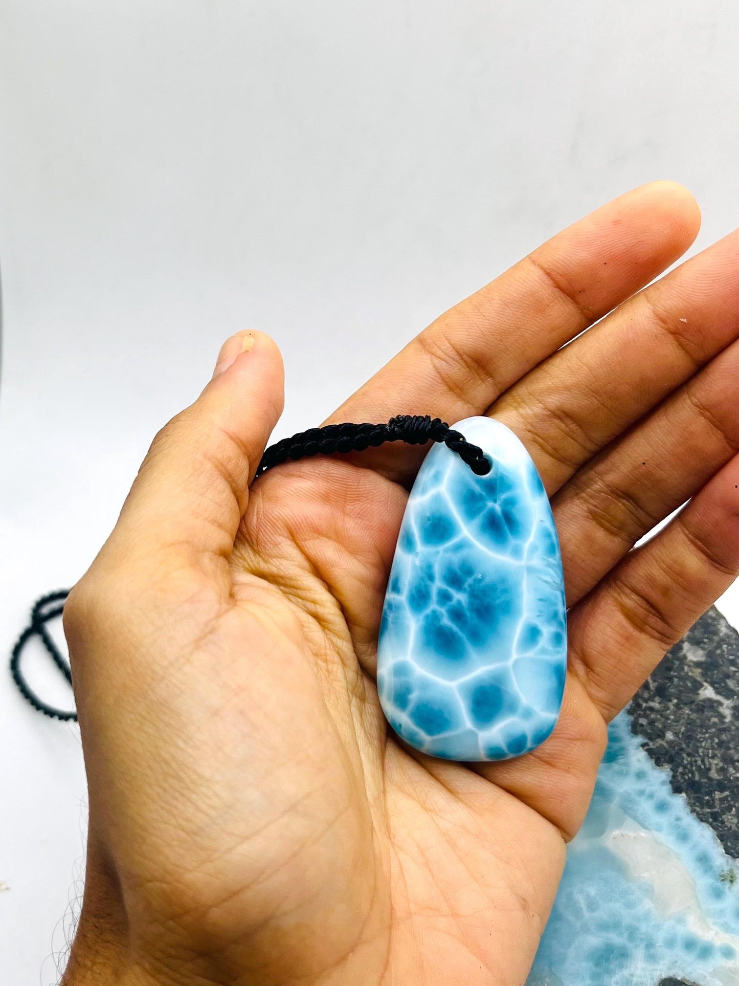 AAA+ Larimar Necklace, Intense Blue Dominican Gemstone Pendant, Webbing Pattern, Unisex Cord