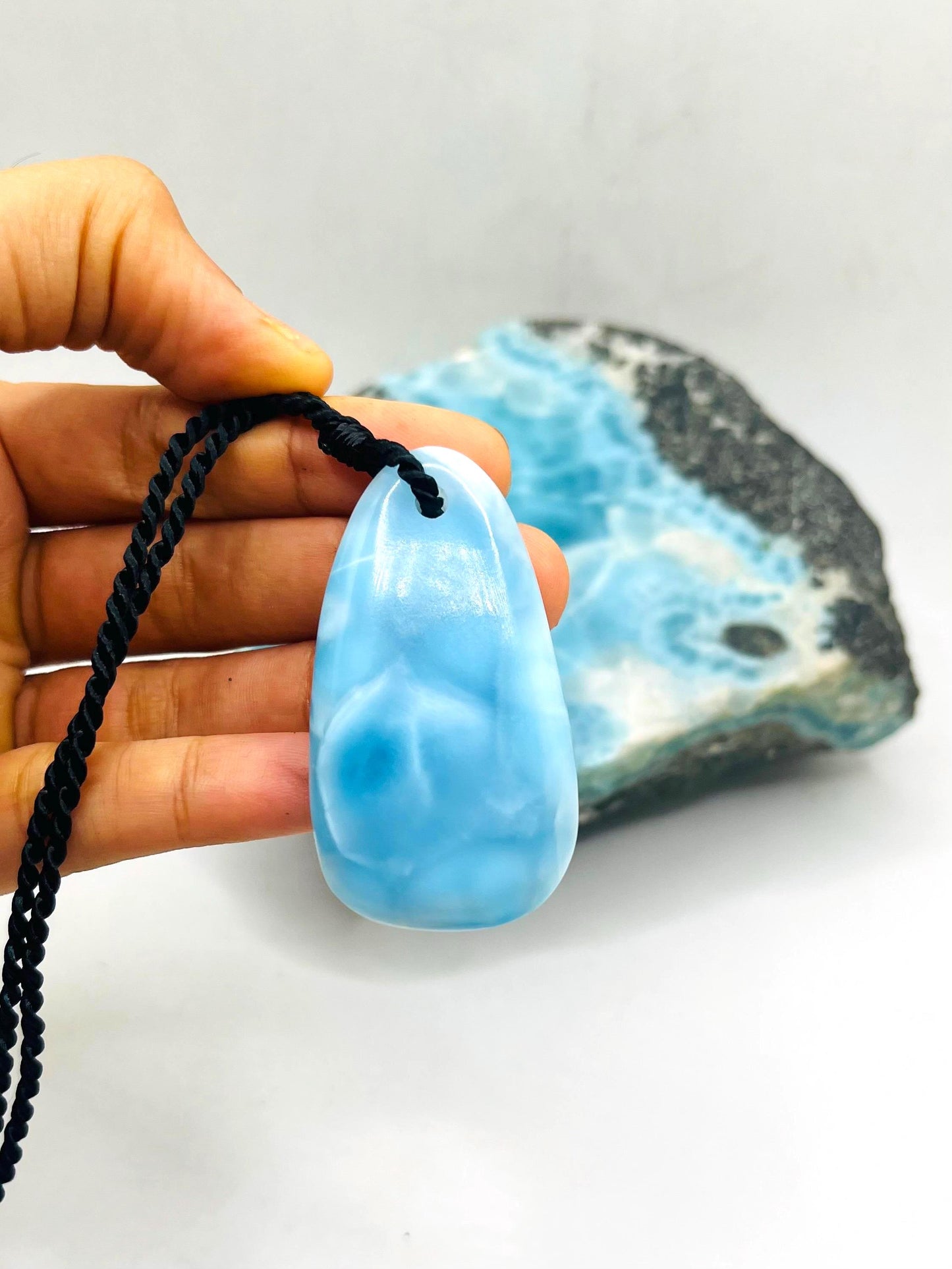 AAA+ Larimar Necklace, Intense Blue Dominican Gemstone Pendant, Webbing Pattern, Unisex Cord