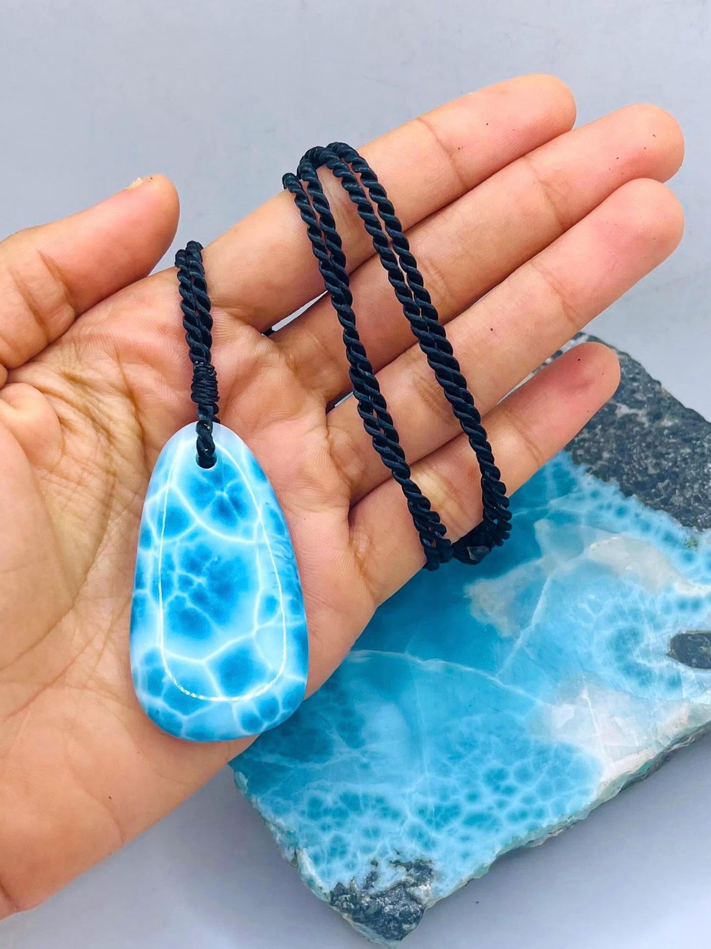 AAA+ Larimar Necklace, Intense Blue Dominican Gemstone Pendant, Webbing Pattern, Unisex Cord