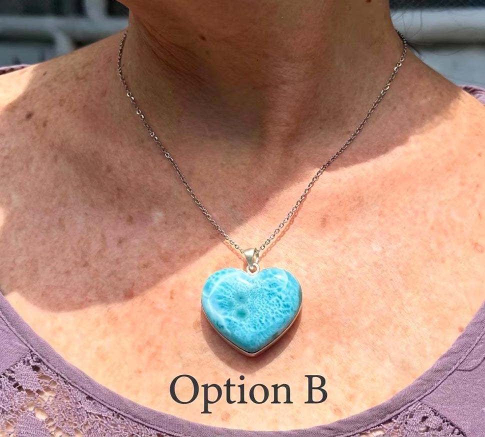 Larimar Heart Pendant Necklace – 925 Sterling Silver, Dominican Stone- Mothers Day Gift