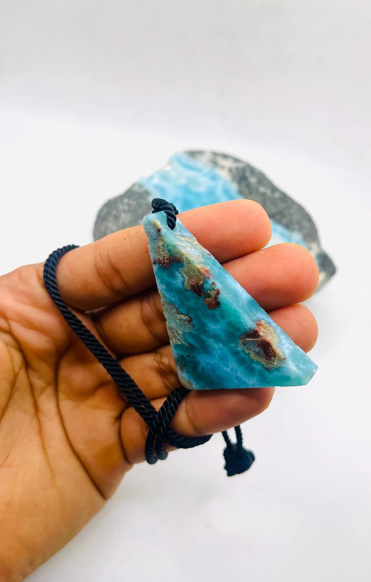 Larimar Stone Necklace – Dominican Blue Specimen Gemstone, Adjustable Rope for Men & Women