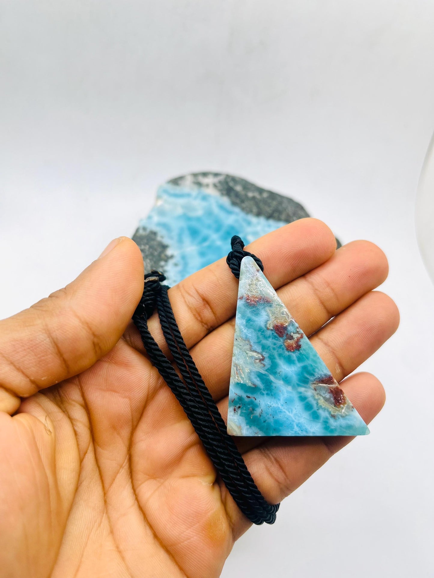 Larimar Stone Necklace – Dominican Blue Specimen Gemstone, Adjustable Rope for Men & Women