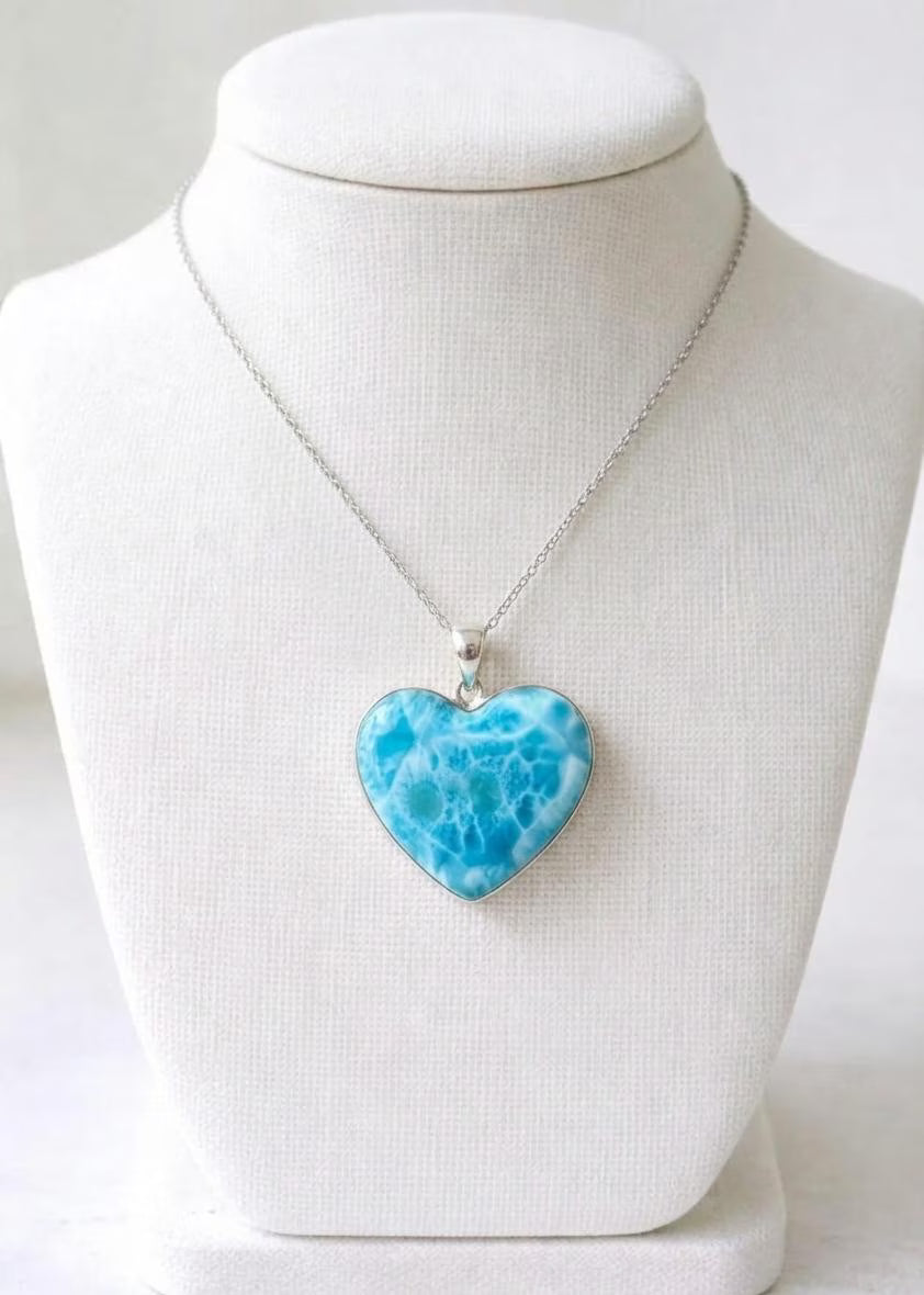 Larimar Heart Pendant Necklace – 925 Sterling Silver, Dominican Stone- Mothers Day Gift