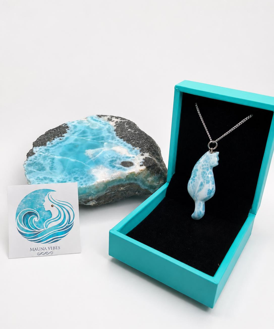 Larimar Cat Pendant Necklace, 925 Sterling Silver , Dominican Larimar Cat Jewelry, Blue Ocean Gemstone Cat Lover Gift