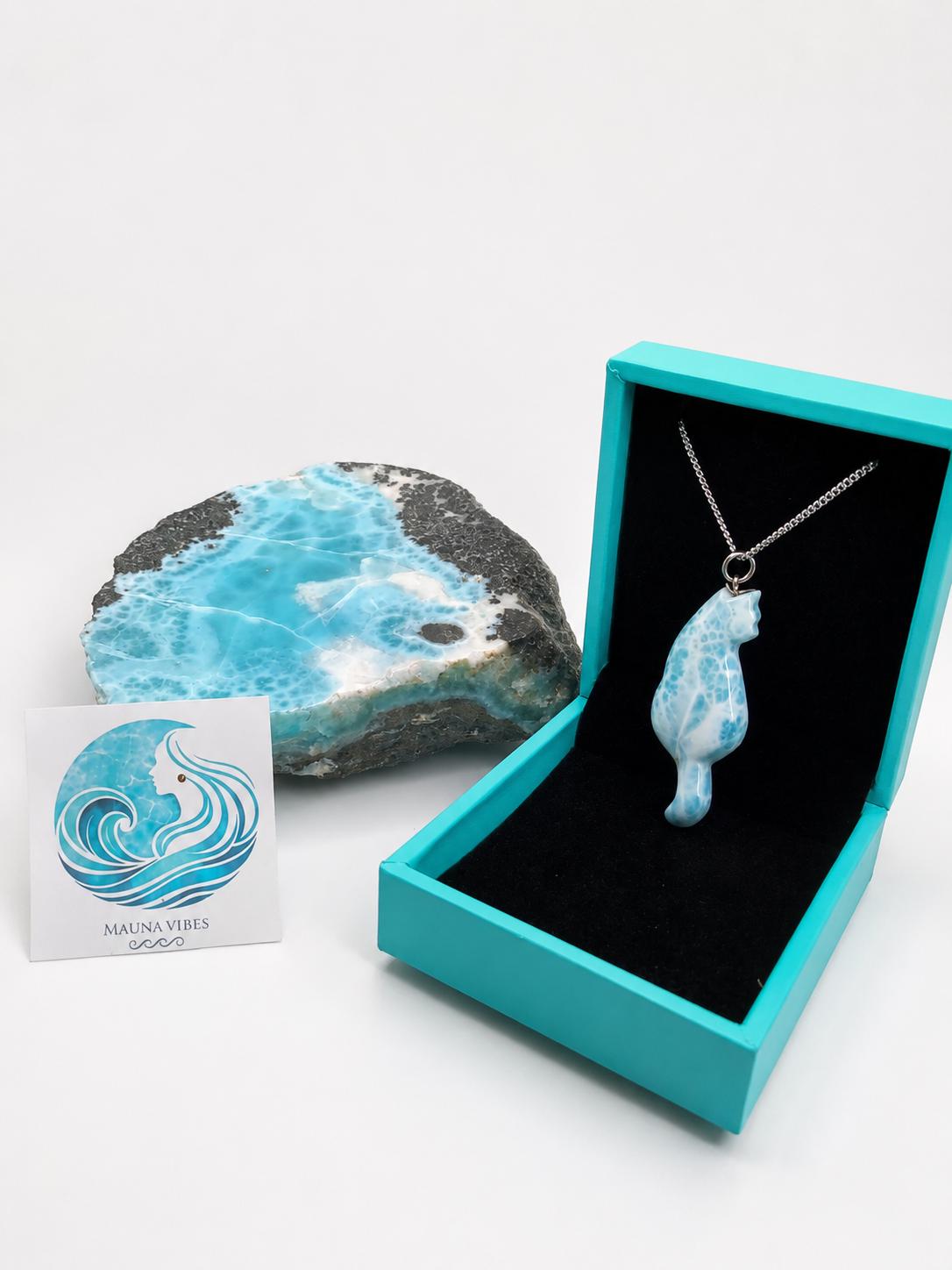 Larimar Cat Pendant Necklace, 925 Sterling Silver , Dominican Larimar Cat Jewelry, Blue Ocean Gemstone Cat Lover Gift
