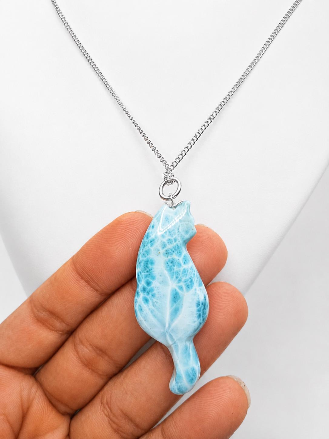 Larimar Cat Pendant Necklace, 925 Sterling Silver , Dominican Larimar Cat Jewelry, Blue Ocean Gemstone Cat Lover Gift