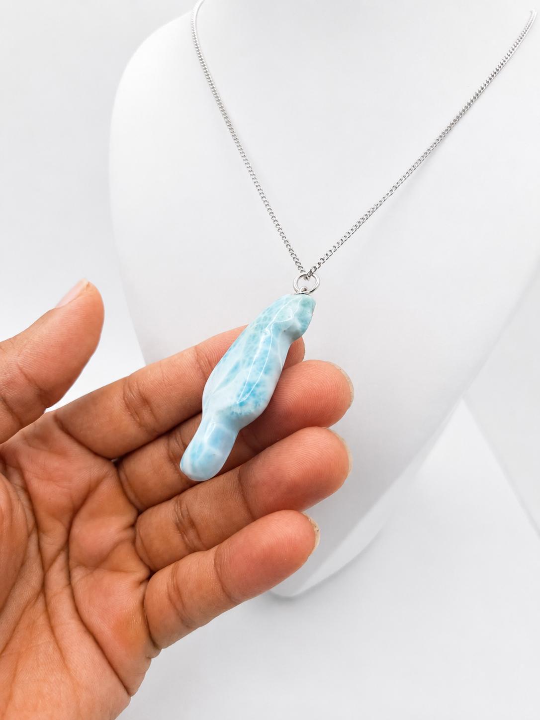 Larimar Cat Pendant Necklace, 925 Sterling Silver , Dominican Larimar Cat Jewelry, Blue Ocean Gemstone Cat Lover Gift